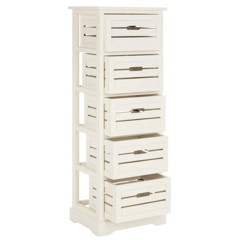 5-Drawer Coastal Pine Chest with Slatted Drawers in Distressed Cream
