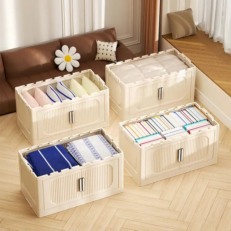 Foldable Multi-Tier Storage Cabinet on Wheels in Cream White