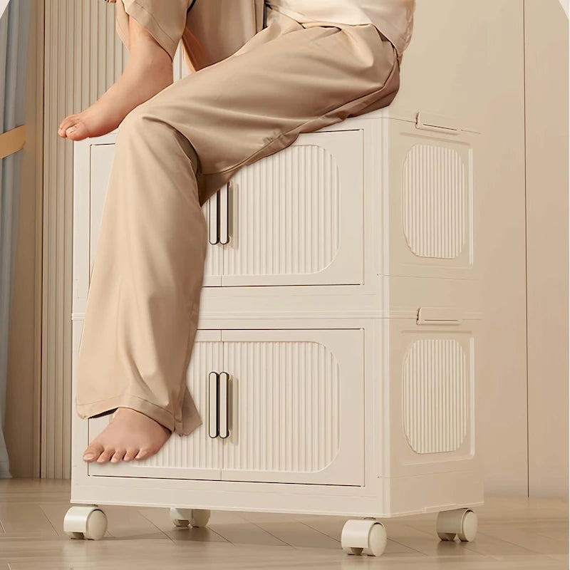 Foldable Multi-Tier Storage Cabinet on Wheels in Cream White