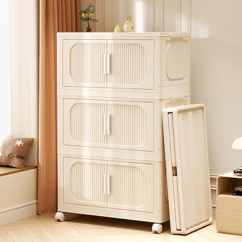Foldable Multi-Tier Storage Cabinet on Wheels in Cream White