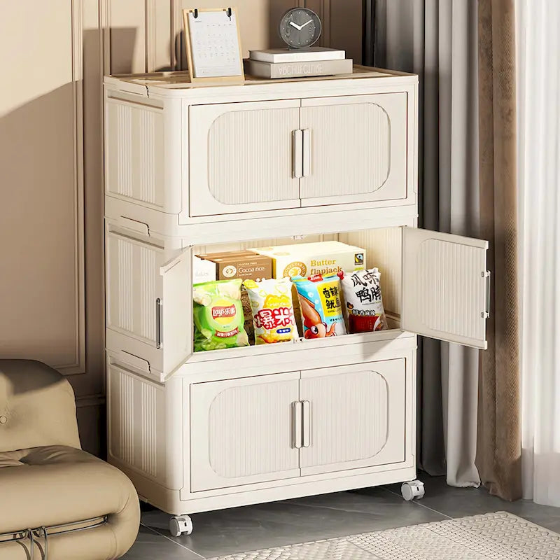 Foldable Multi-Tier Storage Cabinet on Wheels in Cream White