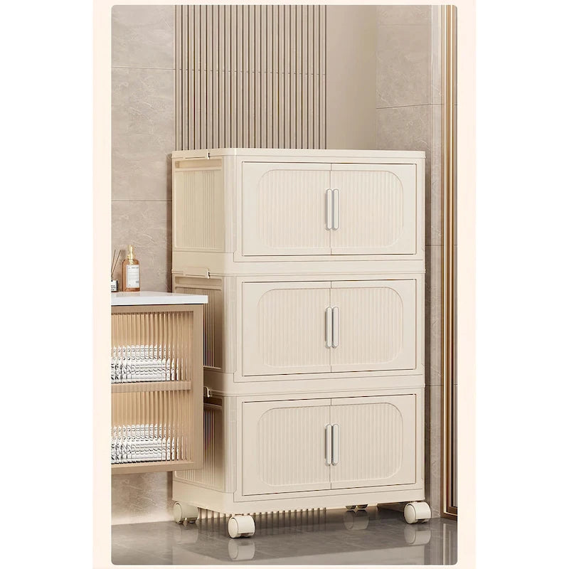 Foldable Multi-Tier Storage Cabinet on Wheels in Cream White