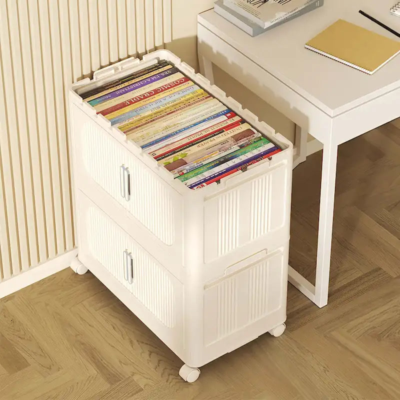 Foldable Multi-Tier Storage Cabinet on Wheels in Cream White