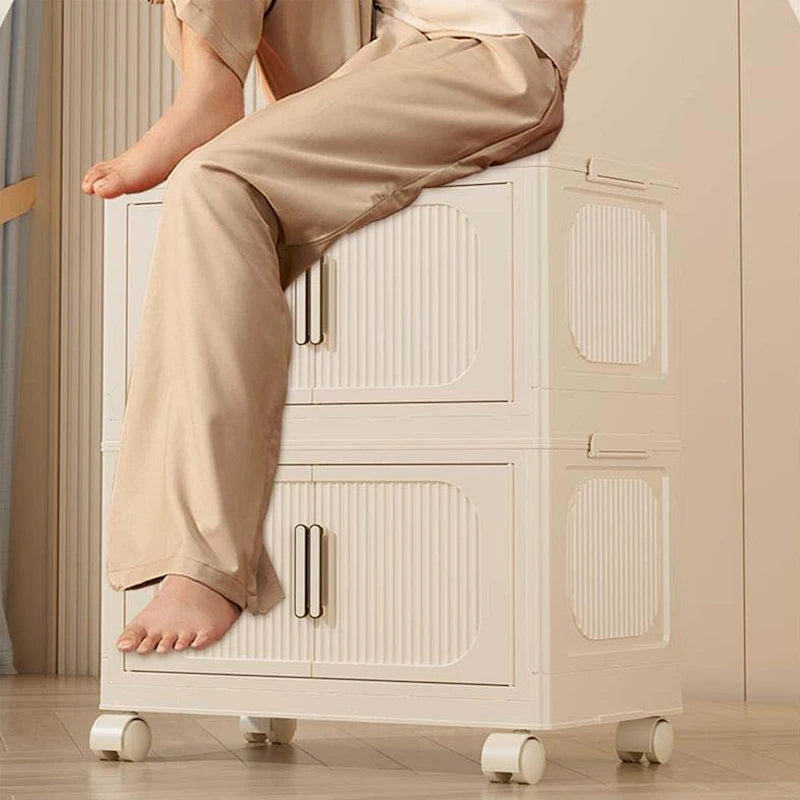 Foldable Multi-Tier Storage Cabinet on Wheels in Cream White