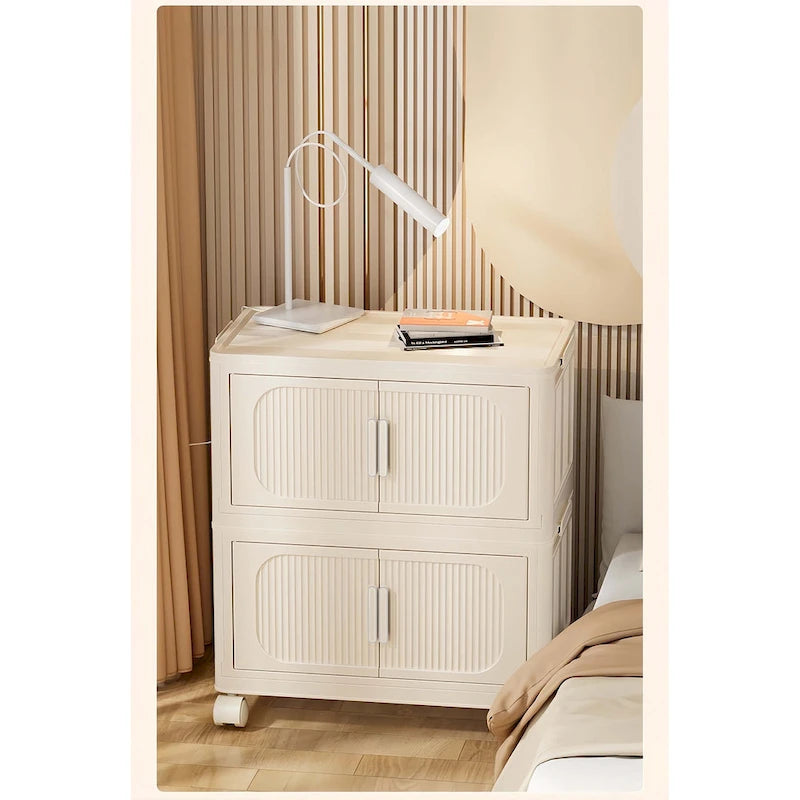 Foldable Multi-Tier Storage Cabinet on Wheels in Cream White