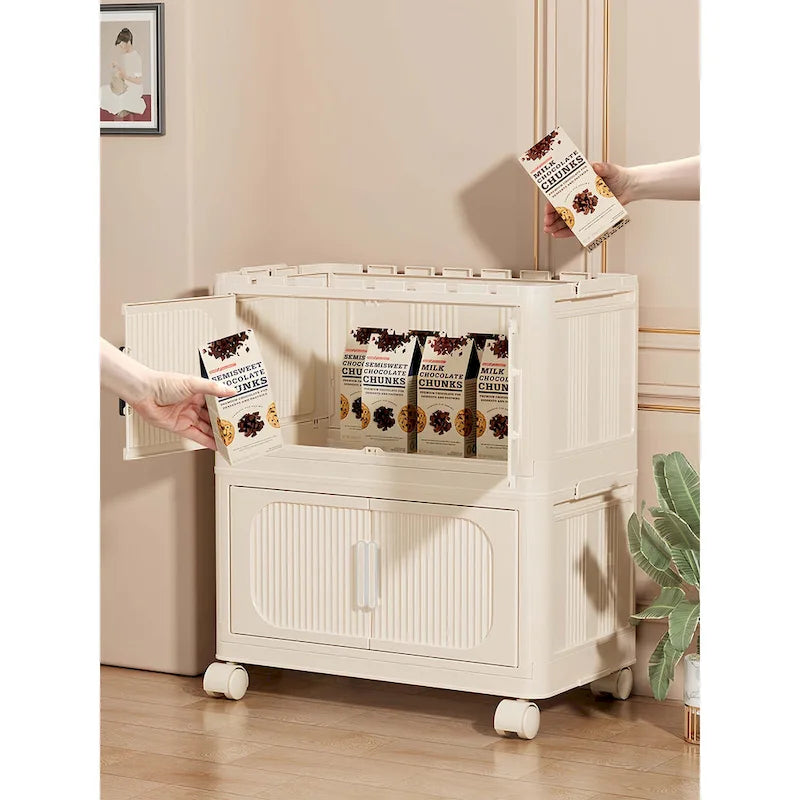 Foldable Multi-Tier Storage Cabinet on Wheels in Cream White