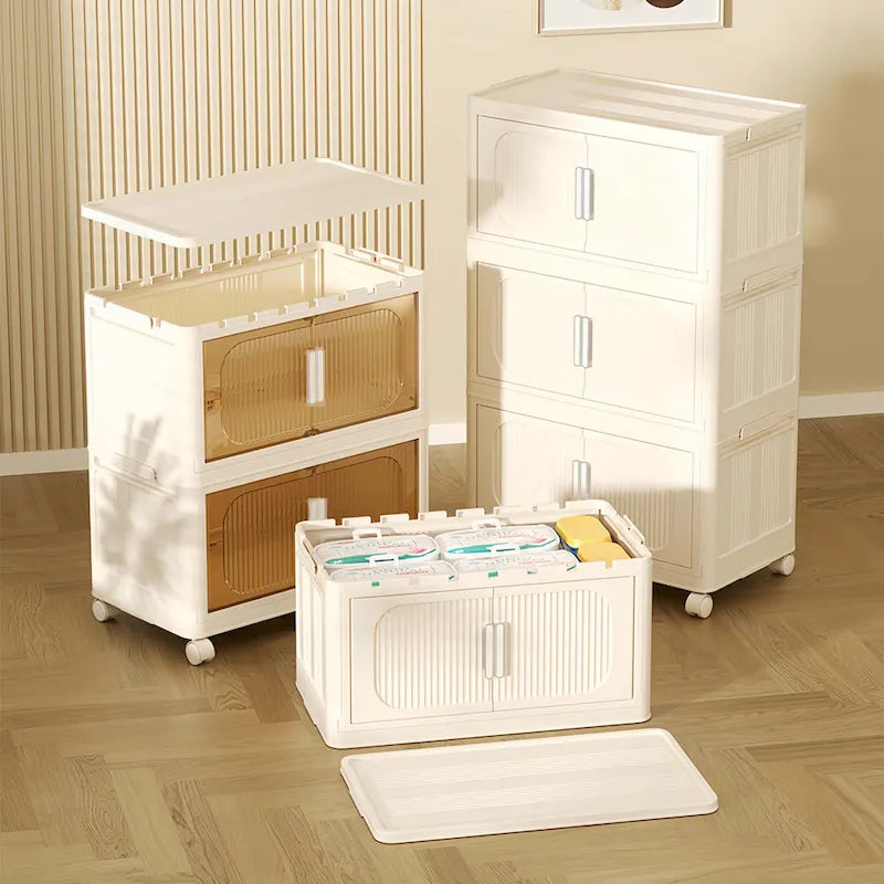 Foldable Multi-Tier Storage Cabinet on Wheels in Cream White