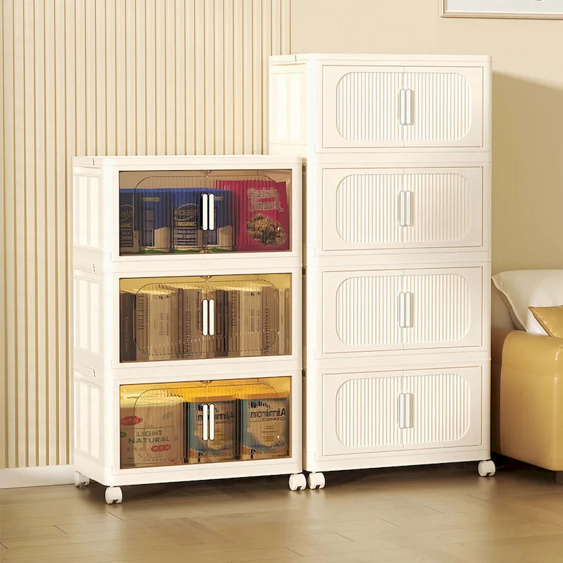 Foldable Multi-Tier Storage Cabinet on Wheels in Cream White