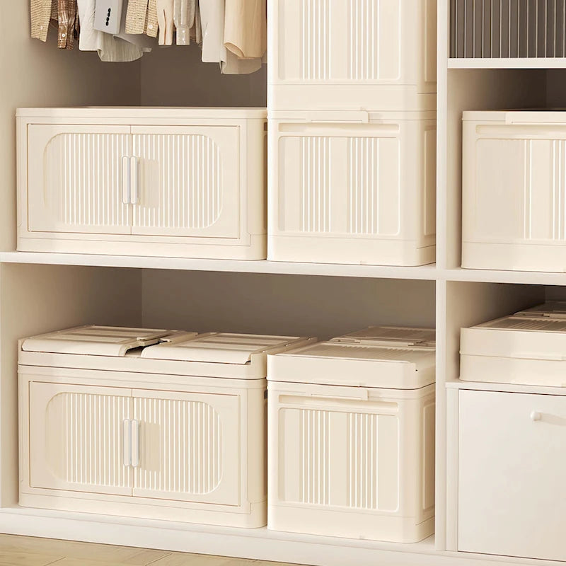 Foldable Multi-Tier Storage Cabinet on Wheels in Cream White