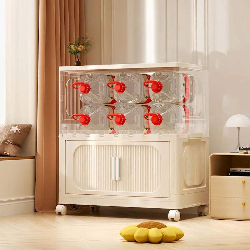 Foldable Multi-Tier Storage Cabinet on Wheels in Cream White