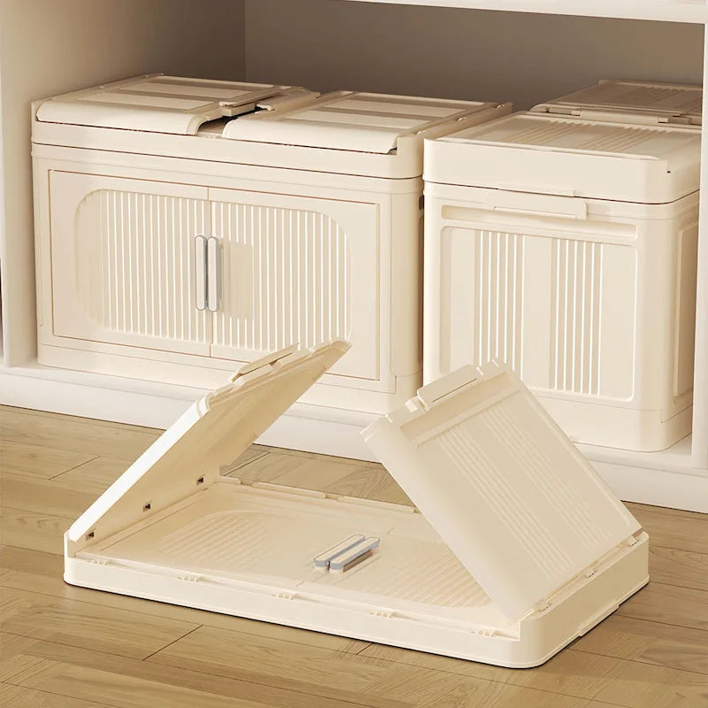 Foldable Multi-Tier Storage Cabinet on Wheels in Cream White
