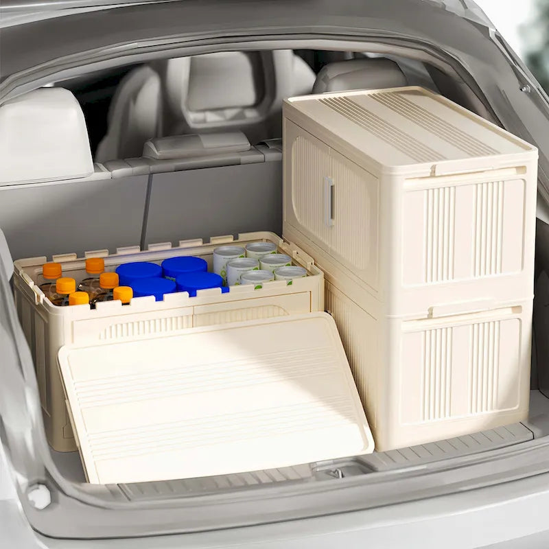 Foldable Multi-Tier Storage Cabinet on Wheels in Cream White