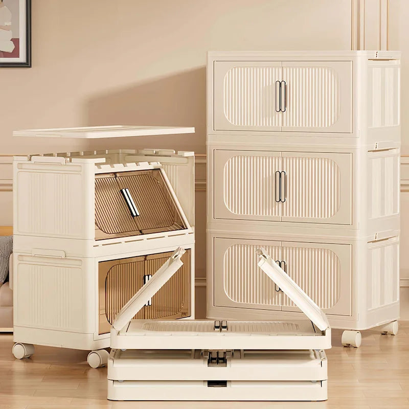 Foldable Multi-Tier Storage Cabinet on Wheels in Cream White