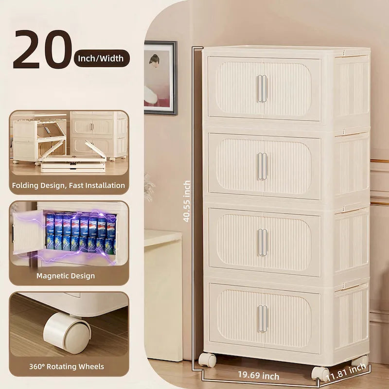 Foldable Multi-Tier Storage Cabinet on Wheels in Cream White