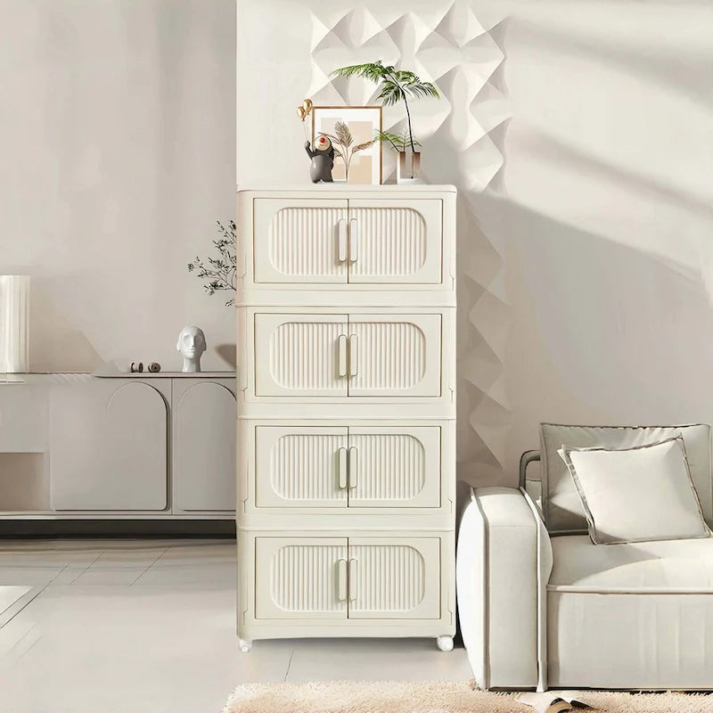 Foldable Multi-Tier Storage Cabinet on Wheels in Cream White