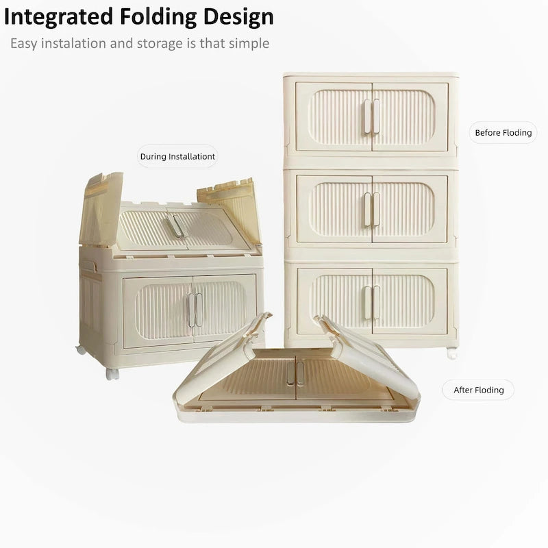Foldable Multi-Tier Storage Cabinet on Wheels in Cream White