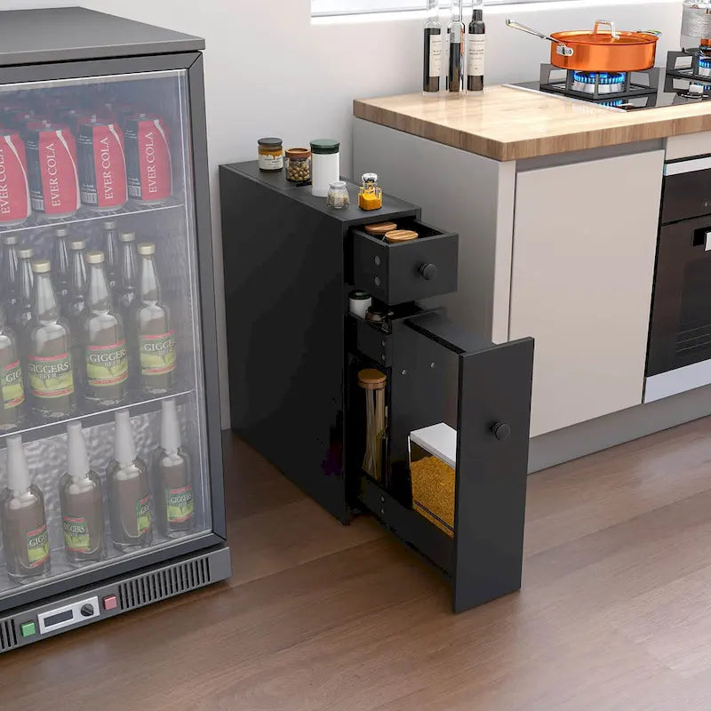Narrow Bathroom Floor Cabinet with Flip-Top, Drawer and 3 Pull-Out Shelves in Black