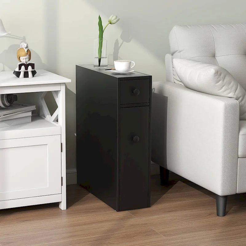 Narrow Bathroom Floor Cabinet with Flip-Top, Drawer and 3 Pull-Out Shelves in Black