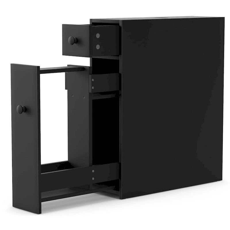 Narrow Bathroom Floor Cabinet with Flip-Top, Drawer and 3 Pull-Out Shelves in Black
