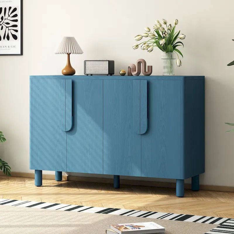 4-Door Wood Sideboard with Arc Handles, Adjustable Shelves and Pine Legs