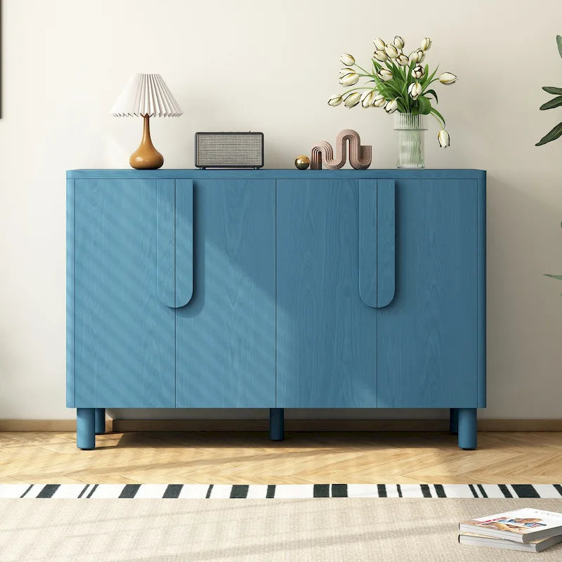 4-Door Wood Sideboard with Arc Handles, Adjustable Shelves and Pine Legs