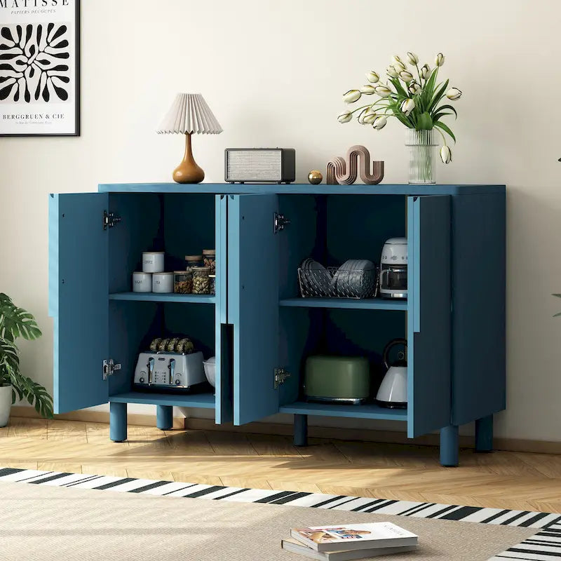 4-Door Wood Sideboard with Arc Handles, Adjustable Shelves and Pine Legs