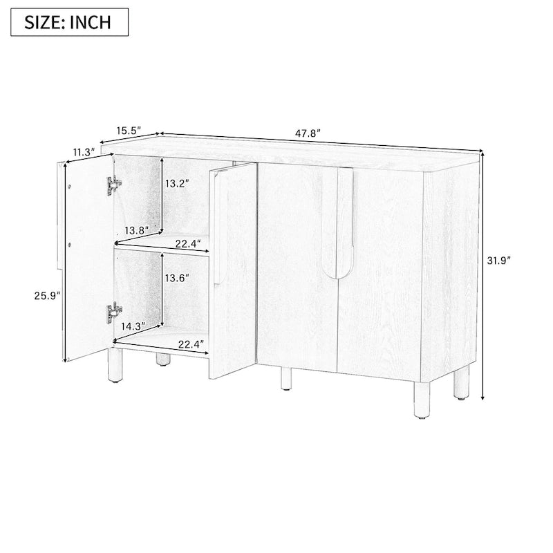 4-Door Wood Sideboard with Arc Handles, Adjustable Shelves and Pine Legs