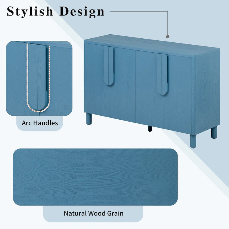 4-Door Wood Sideboard with Arc Handles, Adjustable Shelves and Pine Legs