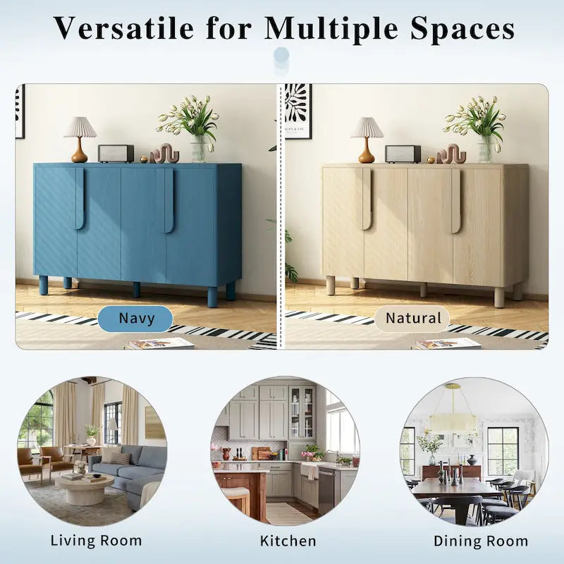 4-Door Wood Sideboard with Arc Handles, Adjustable Shelves and Pine Legs