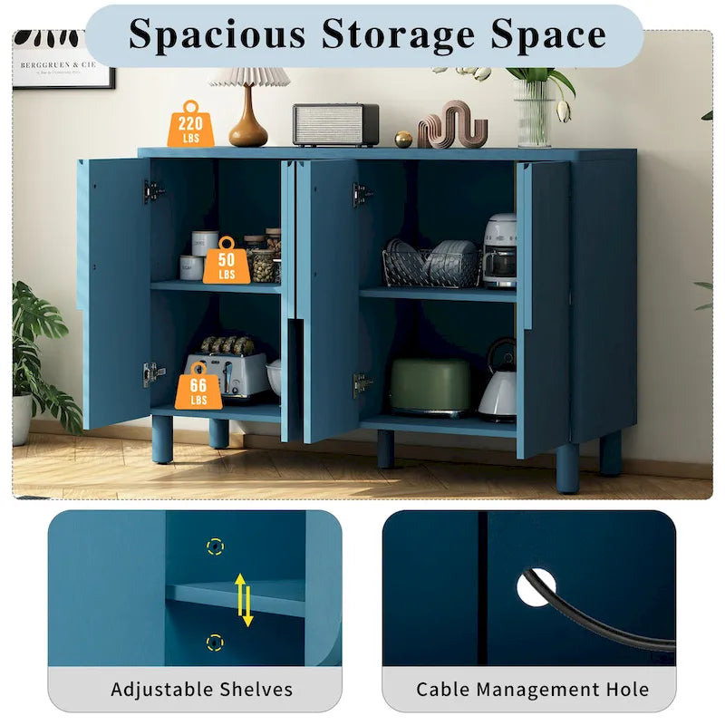 4-Door Wood Sideboard with Arc Handles, Adjustable Shelves and Pine Legs