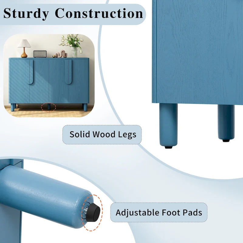 4-Door Wood Sideboard with Arc Handles, Adjustable Shelves and Pine Legs