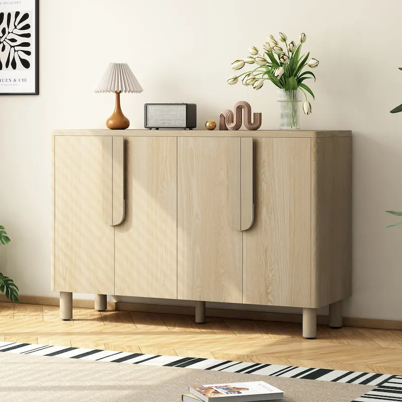 4-Door Wood Sideboard with Arc Handles, Adjustable Shelves and Pine Legs
