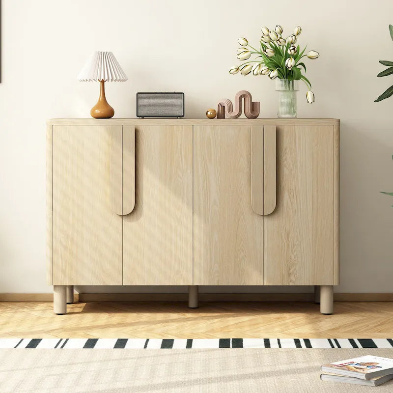 4-Door Wood Sideboard with Arc Handles, Adjustable Shelves and Pine Legs
