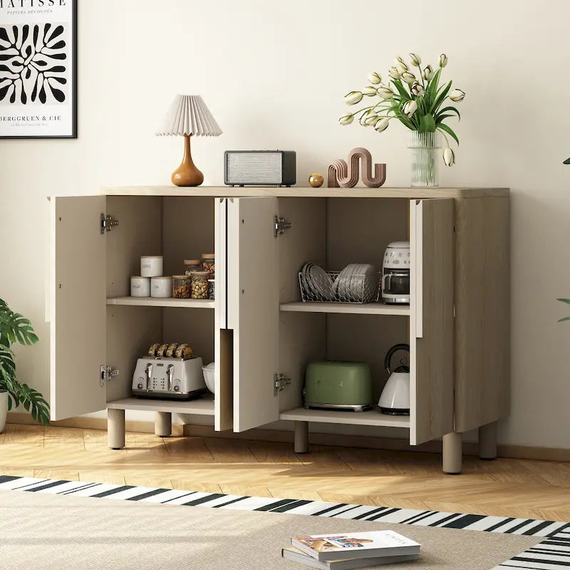 4-Door Wood Sideboard with Arc Handles, Adjustable Shelves and Pine Legs