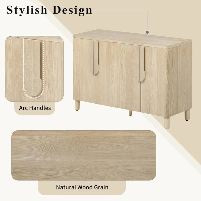 4-Door Wood Sideboard with Arc Handles, Adjustable Shelves and Pine Legs