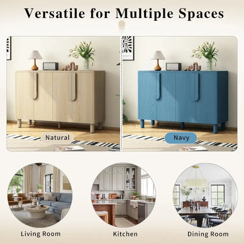 4-Door Wood Sideboard with Arc Handles, Adjustable Shelves and Pine Legs