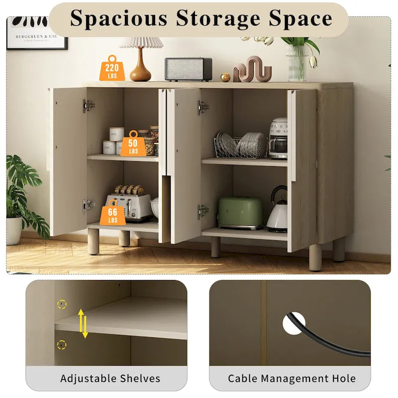 4-Door Wood Sideboard with Arc Handles, Adjustable Shelves and Pine Legs
