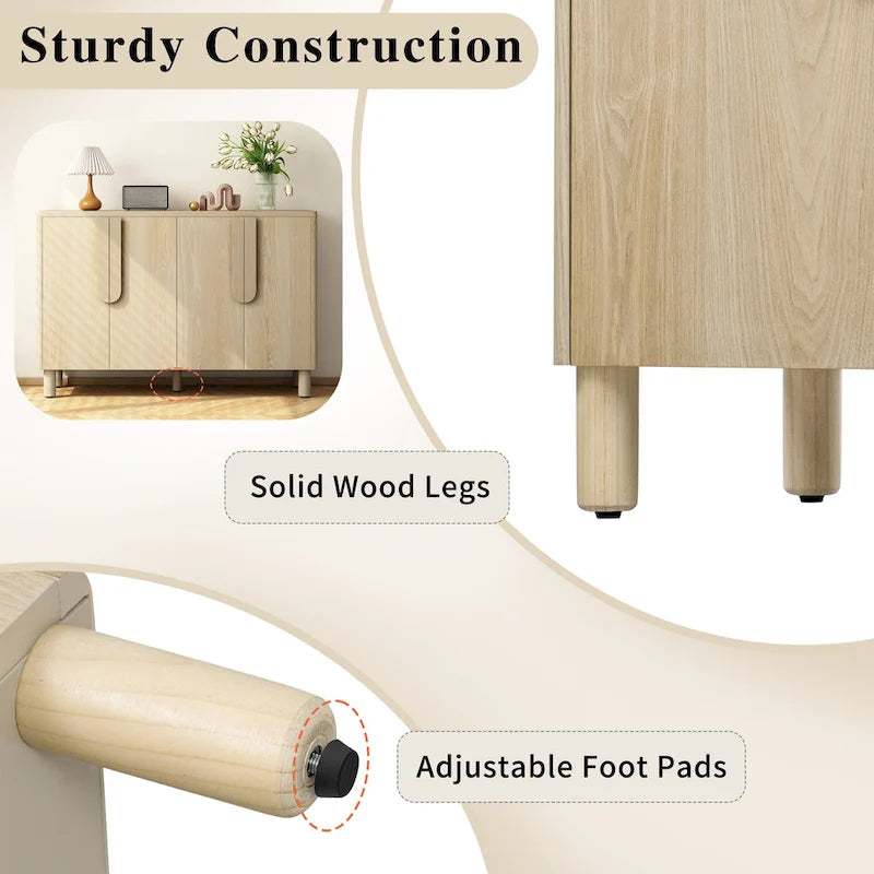 4-Door Wood Sideboard with Arc Handles, Adjustable Shelves and Pine Legs