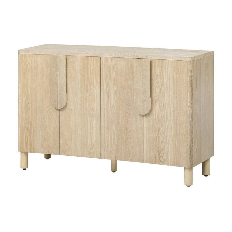 4-Door Wood Sideboard with Arc Handles, Adjustable Shelves and Pine Legs