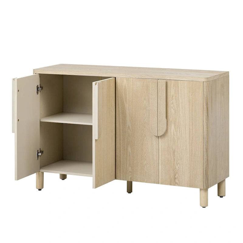 4-Door Wood Sideboard with Arc Handles, Adjustable Shelves and Pine Legs