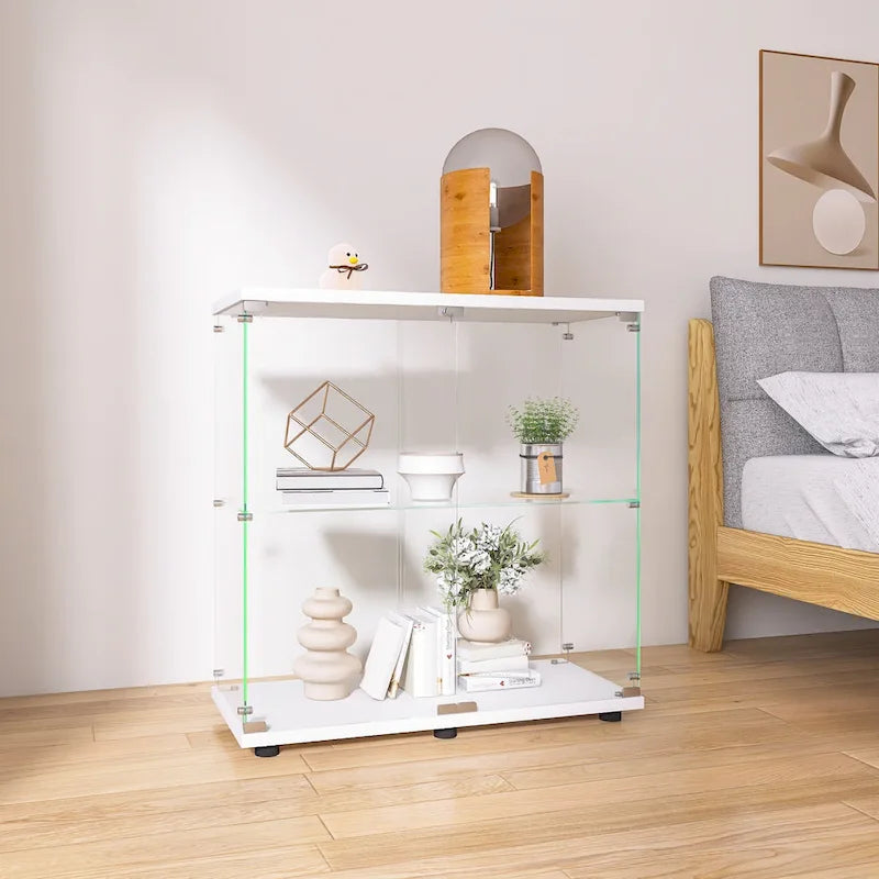 Double-Door Tempered Glass Display Cabinet with 2 Shelves