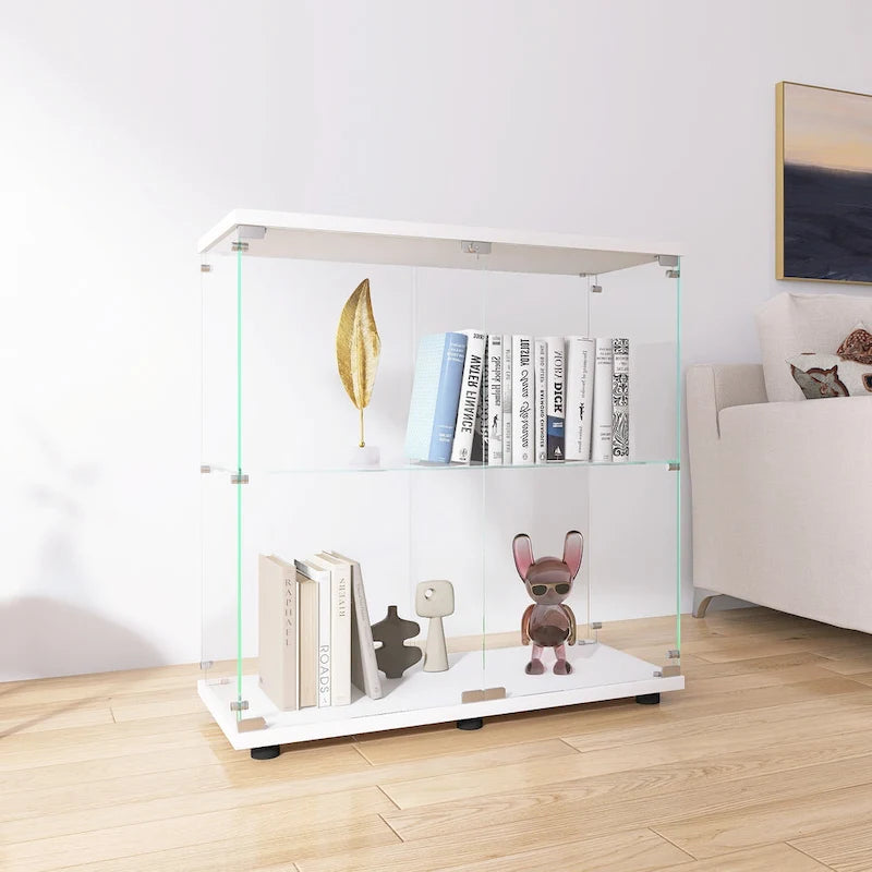Double-Door Tempered Glass Display Cabinet with 2 Shelves