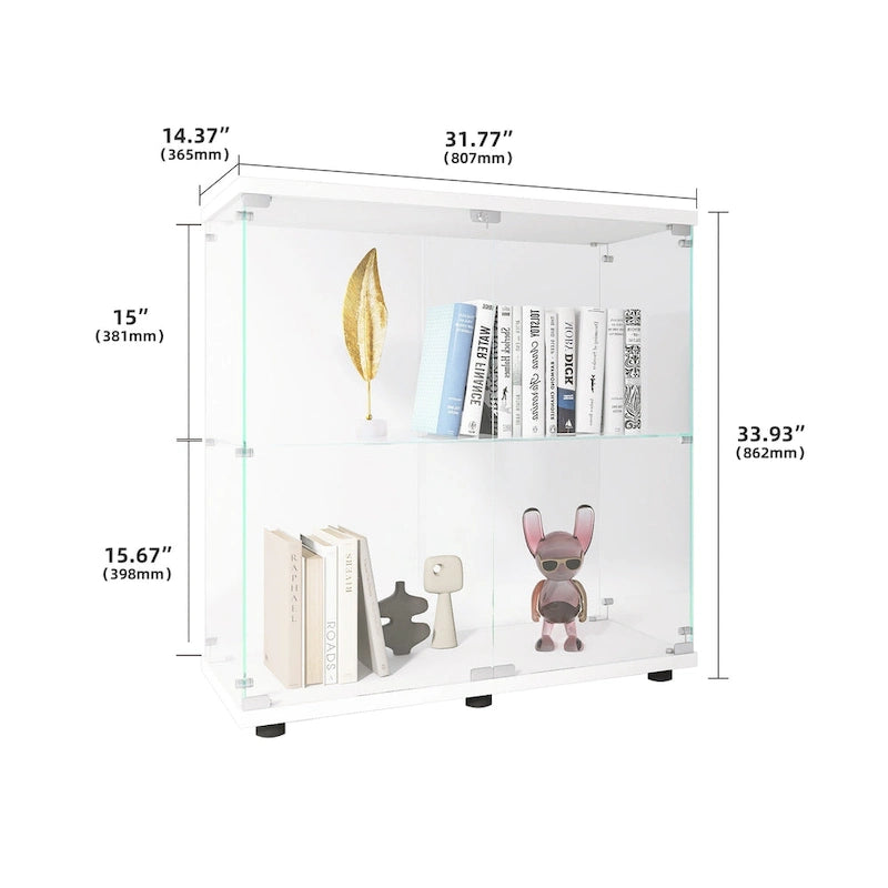Double-Door Tempered Glass Display Cabinet with 2 Shelves