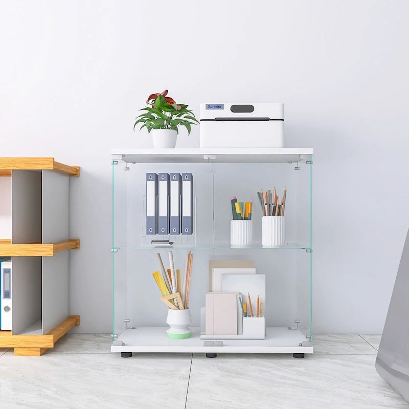 Double-Door Tempered Glass Display Cabinet with 2 Shelves