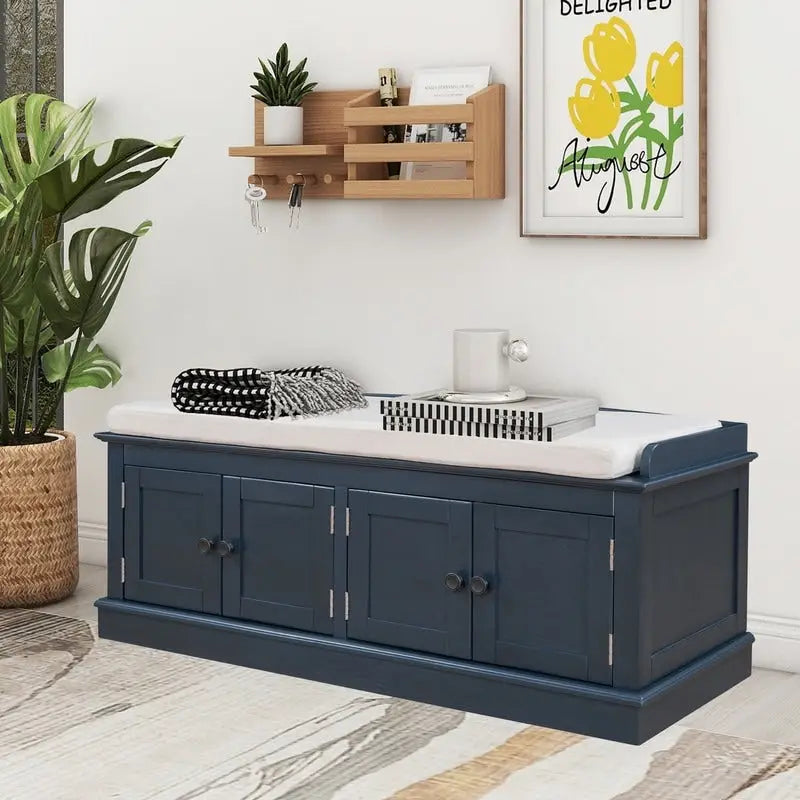 4-Door Storage Bench with Removable Cushion and Adjustable Shelves