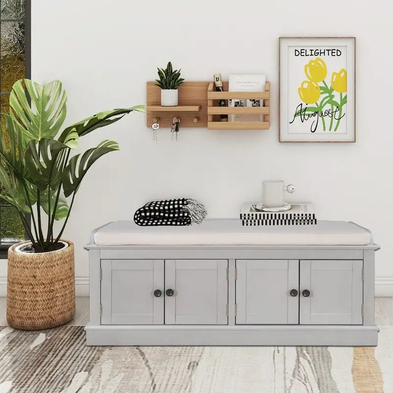 4-Door Storage Bench with Removable Cushion and Adjustable Shelves