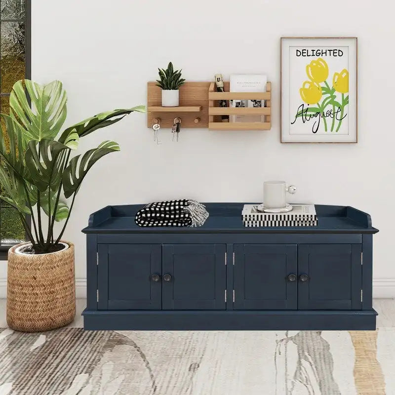 4-Door Storage Bench with Removable Cushion and Adjustable Shelves