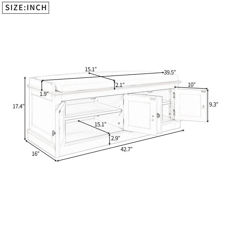 4-Door Storage Bench with Removable Cushion and Adjustable Shelves