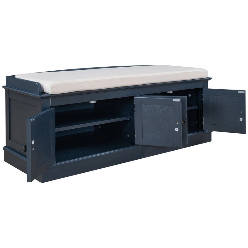 4-Door Storage Bench with Removable Cushion and Adjustable Shelves