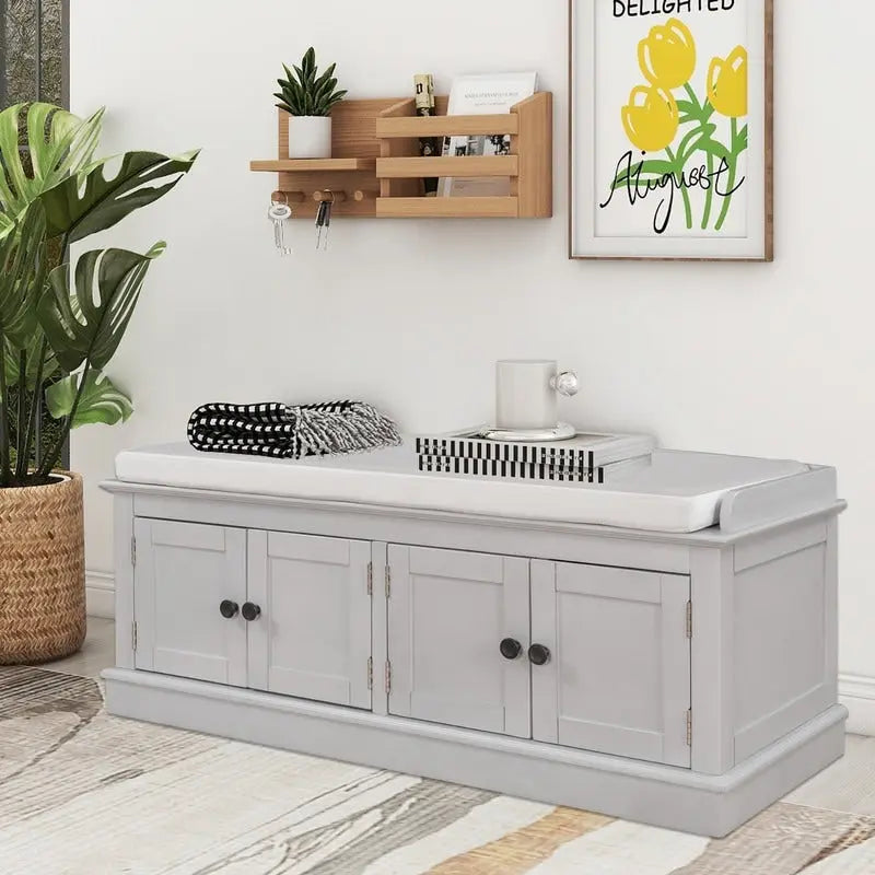 4-Door Storage Bench with Removable Cushion and Adjustable Shelves